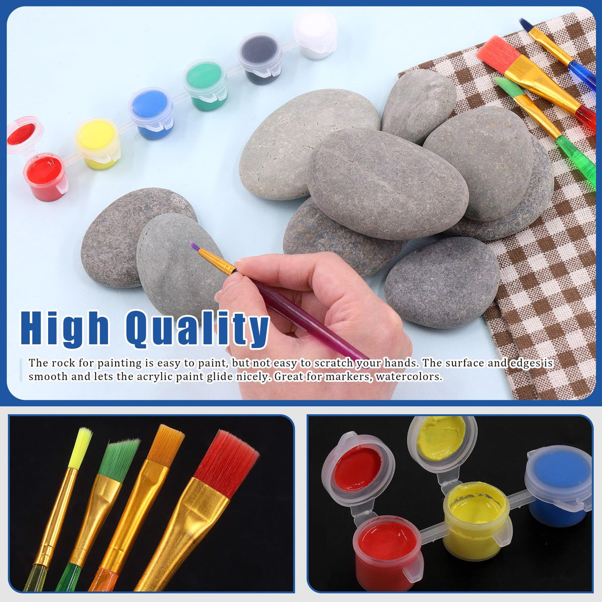 Glarks 34Pcs Rock Painting Kit, Including 15Pcs 2"-3" Flat Painting Stones River Rocks, 12 Colors Non-Toxic Washable Paint, 6Pcs Paint Brushes and 1Pc Palette for DIY Arts and Craft Activities Glarks