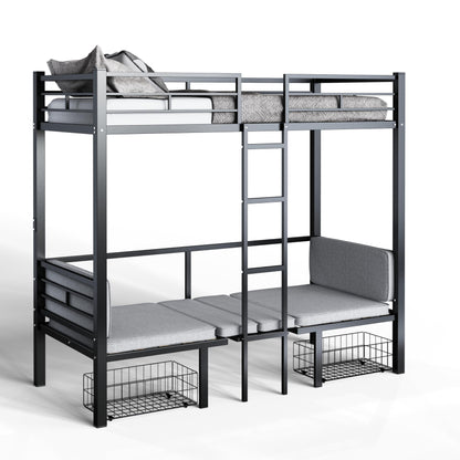 UOCFYK Twin Size Loft Bed with with Desk, Convertible Bunk Bed Frame for Kids Bedroom w/Wood Slats Support & Guardrail & Ladders & Drawers, No Box Spring Needed, Black (Cushion not Included)