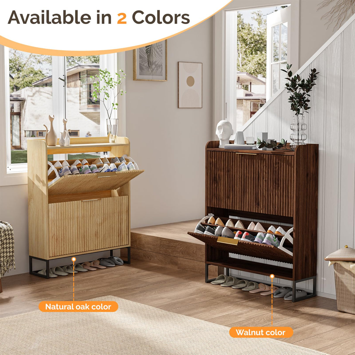 VINGLI Fluted Shoe Cabinet Storage for Entryway,Hidden Shoes Storage Cabinet with 2 Flip Drawers, Mid Century Modern Shoe Rack Organizer,Free Standing Shoes Organizer for Hallway(Dark Walnut) VINGLI