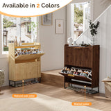 VINGLI Fluted Shoe Cabinet Storage for Entryway,Hidden Shoes Storage Cabinet with 2 Flip Drawers, Mid Century Modern Shoe Rack Organizer,Free Standing Shoes Organizer for Hallway(Dark Walnut) VINGLI