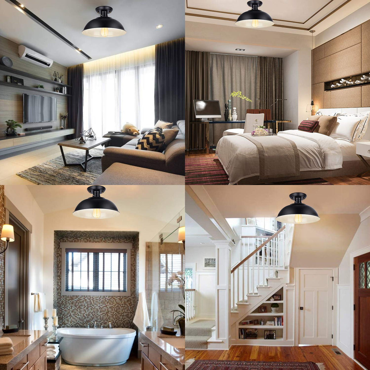 Vintage Rustic Semi Flush Mount Light, Farmhouse Black Ceiling Fixture, Industrial Lights for Hallway, Stairway, Foyer, Kitchen, Porch, Entryway (2 Pack) Wegitcs