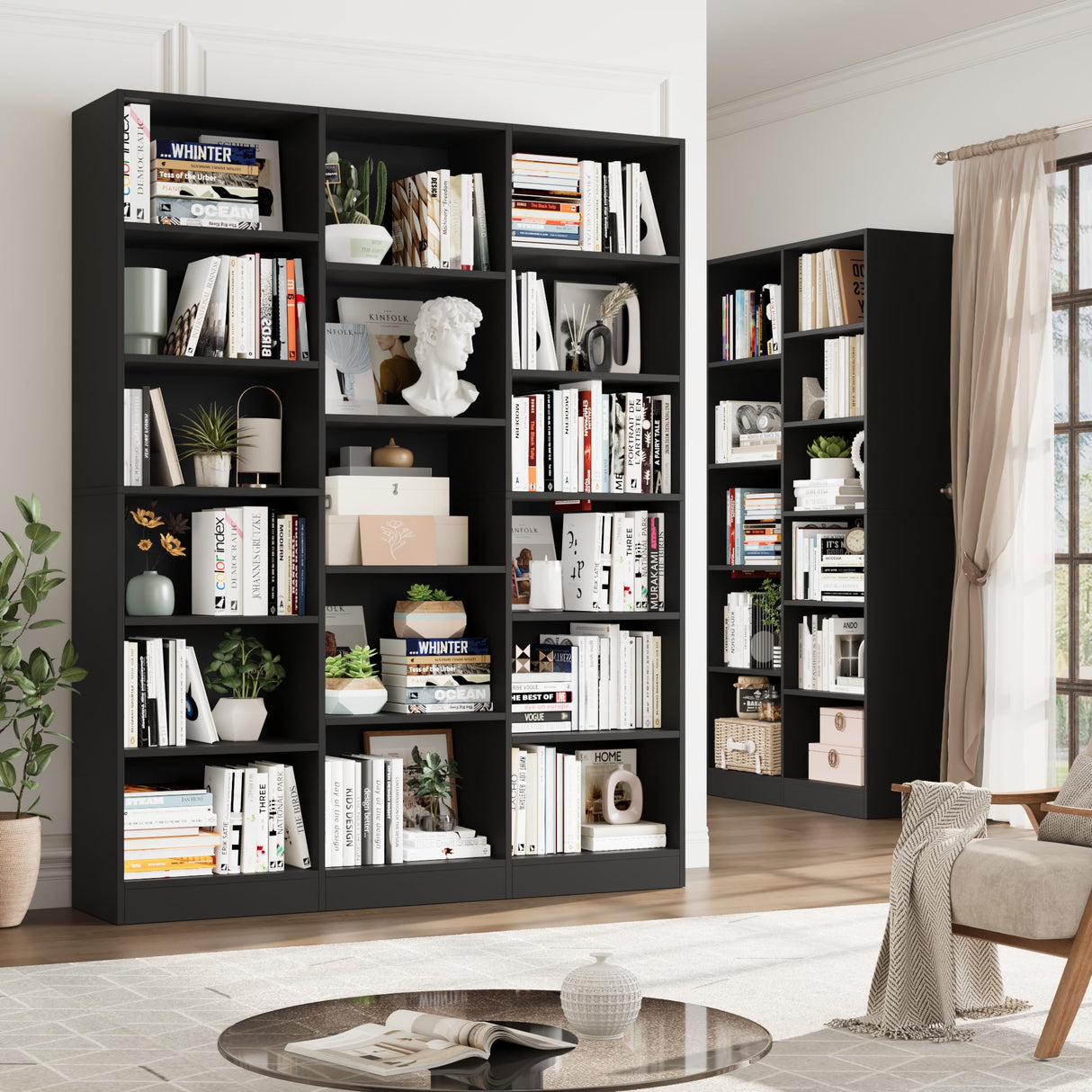 FACBOTALL Triple Wide Bookshelf, 6 Tier Large Bookshelf, Bookcase with 17 Open Display Shelves, 74'' Tall Bookcases and Bookshelves for Living Room, Home Office, Library, Black FACBOTALL