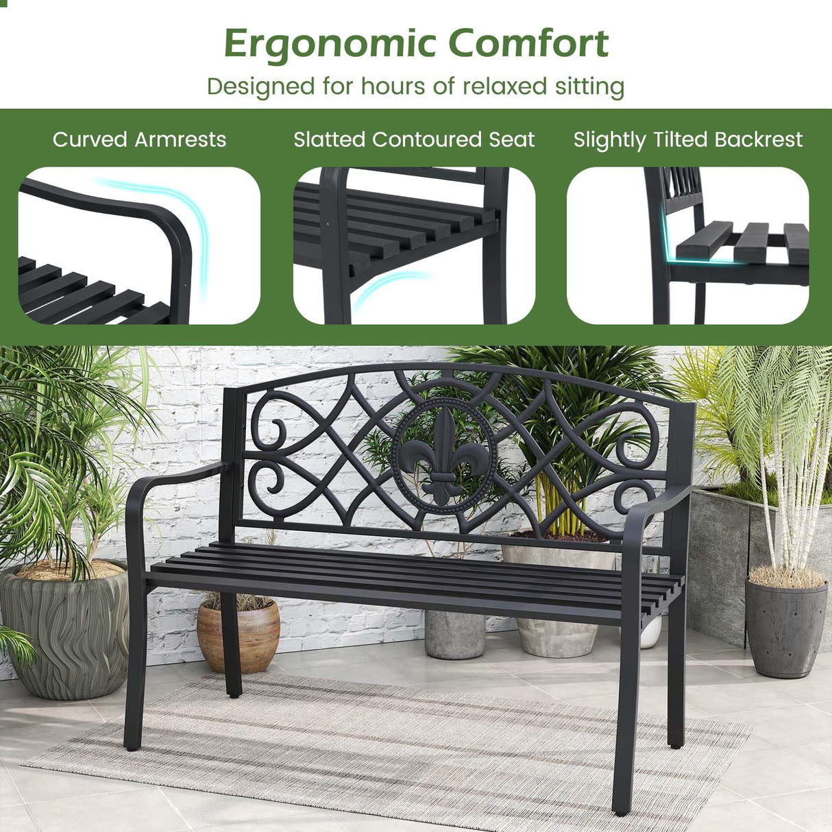 Giantex 50.5” Outdoor Bench with Metal Frame, Floral Design Cast Iron Backrest, Slatted Seat, Adjustable Foot Pads, Load 660Lbs, Garden Bench for Outside Patio Backyard Porch Park, Black Giantex