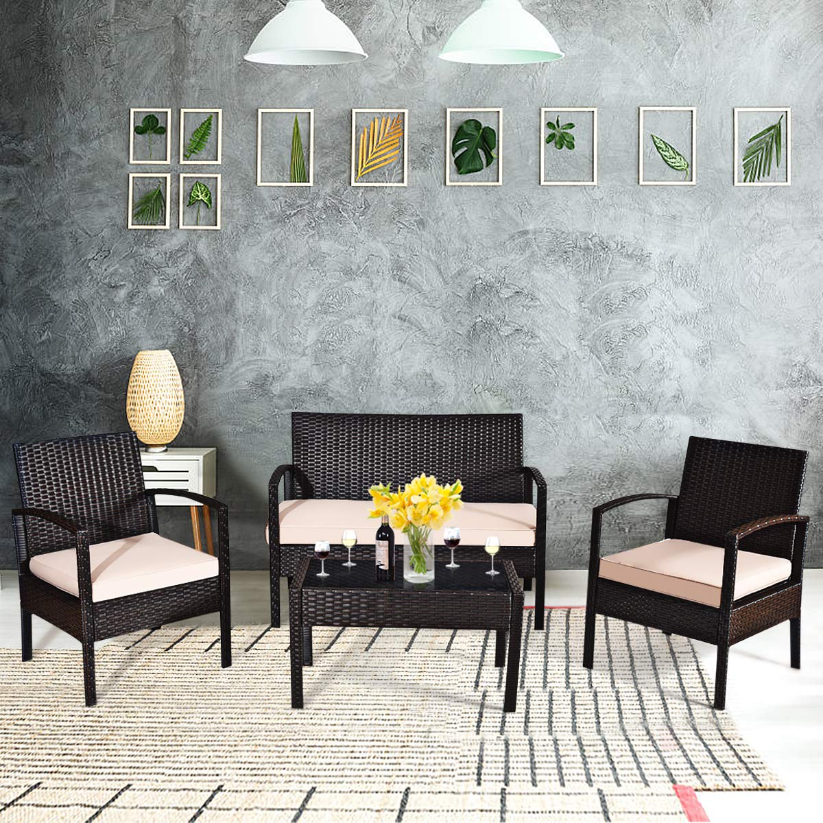 COSTWAY 4 PCS Patio Rattan Conversation Furniture Set Cushioned Seat Glass Tabletop COSTWAY