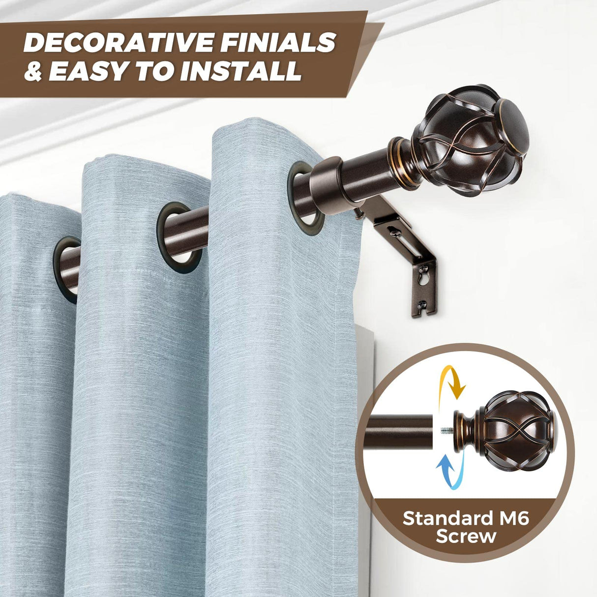 KAMANINA 1 Inch Curtain Rod Telescoping Single Drapery Rod 36 to 72 Inches (3-6 Feet), Antique Bronze Curtain Rods for Windows 24 to 68 Inches, Netted Texture Finials KAMANINA