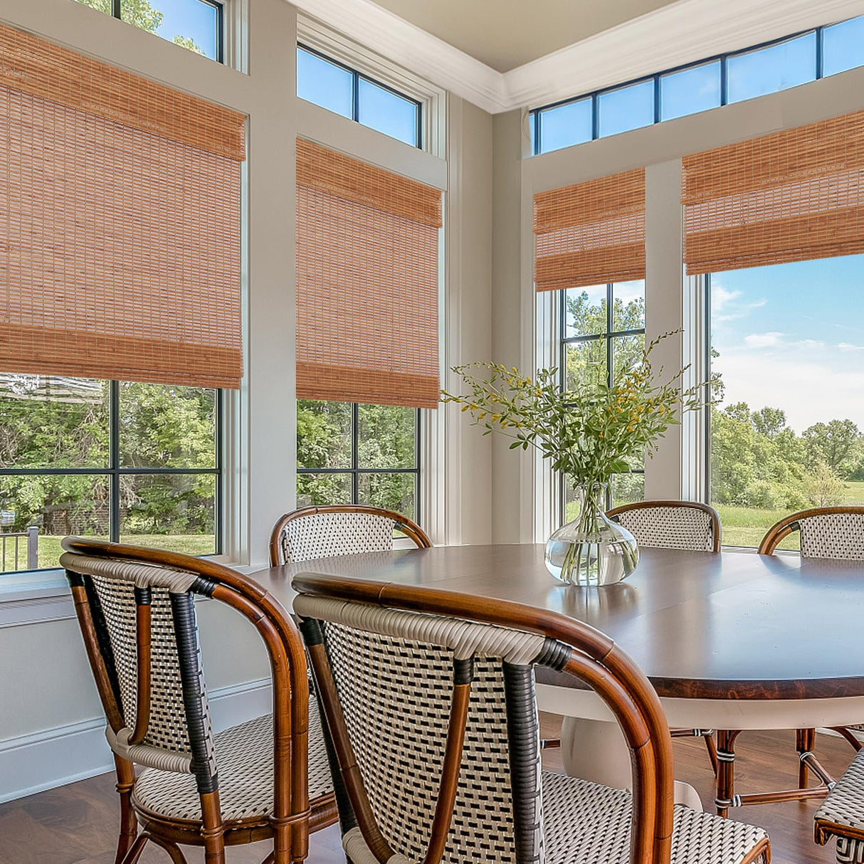 Sunbox Bamboo Roman Shades, Cordless Bamboo Blinds, Custom Size, Light Filtering Window Treatment, Natural Woven Wood Roman Shades for Windows, Doors, Caramel Sunbox