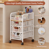 Rolling Makeup Cart Organizer with 3 Drawers, 4-Tier Narrow Floor Skincare Organizers with dividers, Vanity Organizer Cosmetics Display Cases for Makeup Brush, Hair Tool, White Jakyitvi