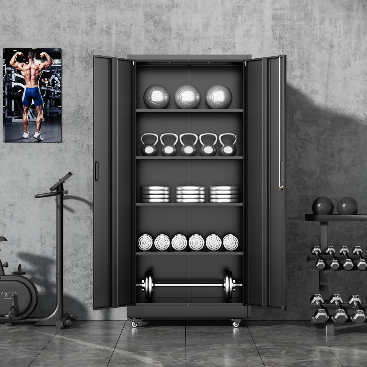 INTERGREAT Metal Storage Cabinets, 73" Tall Lockable Rolling Tool Cabinet with Pegboard and Shelves, Heavy-Duty File Cabinet with Wheels for Garage, Basement, Warehouse, Black INTERGREAT