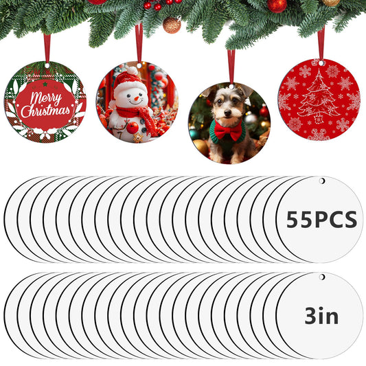 55Pcs 3 inch Sublimation Ornament Blanks Bulk Round Ornaments MDF Double Side Sublimation Blanks Ornaments Products Keychains Heat Transfer for DIY Craft