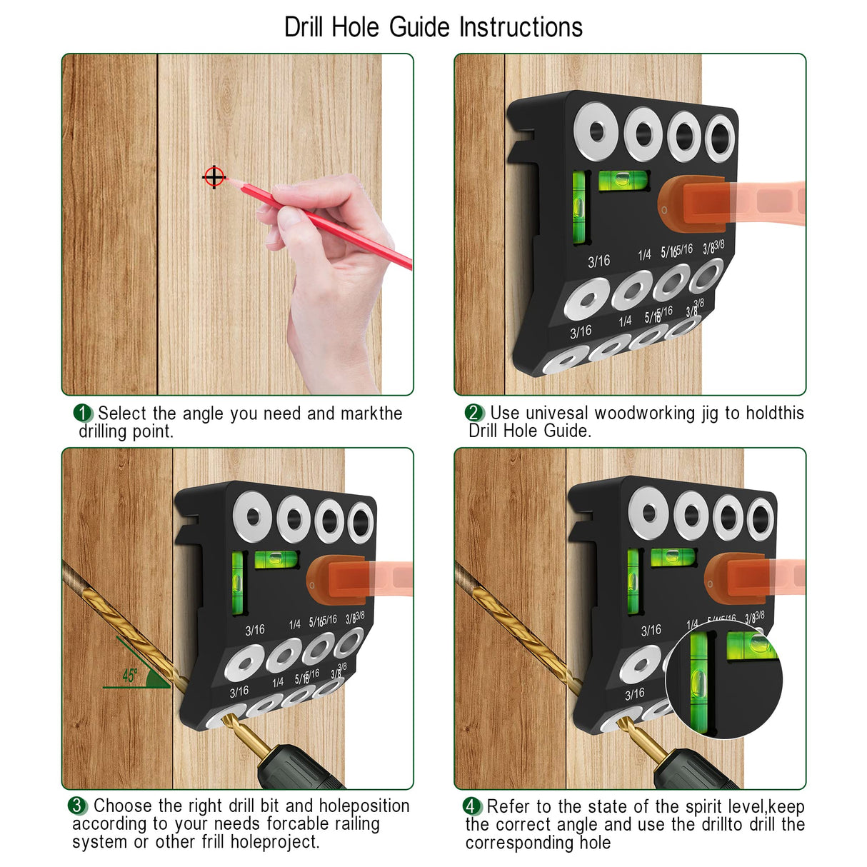 Drill Guide,30 45 90 Angled Drill Guide Jig with 2 Torpedo Level 4 Sizes Drill Hole Guide Jig Use on Flat Surfaces, Round Parts, and Corners Angled Straight Hole ENGYNC