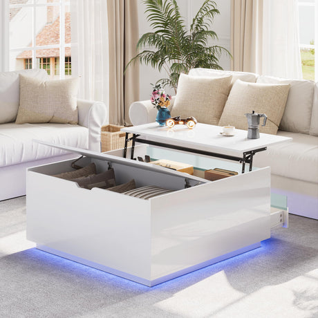 High Gloss Coffee Table with Storage,White Square Lift Top Coffee Tables with LED & Flip Lid, Small Modern Coffee Table for Living Room with Drawer HAIOOU