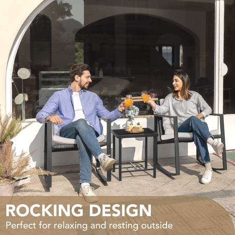 Devoko 3 Piece Rocking Bistro Set Wicker Patio Outdoor Furniture Porch Chairs Conversation Sets with Glass Coffee Table (Beige) Devoko