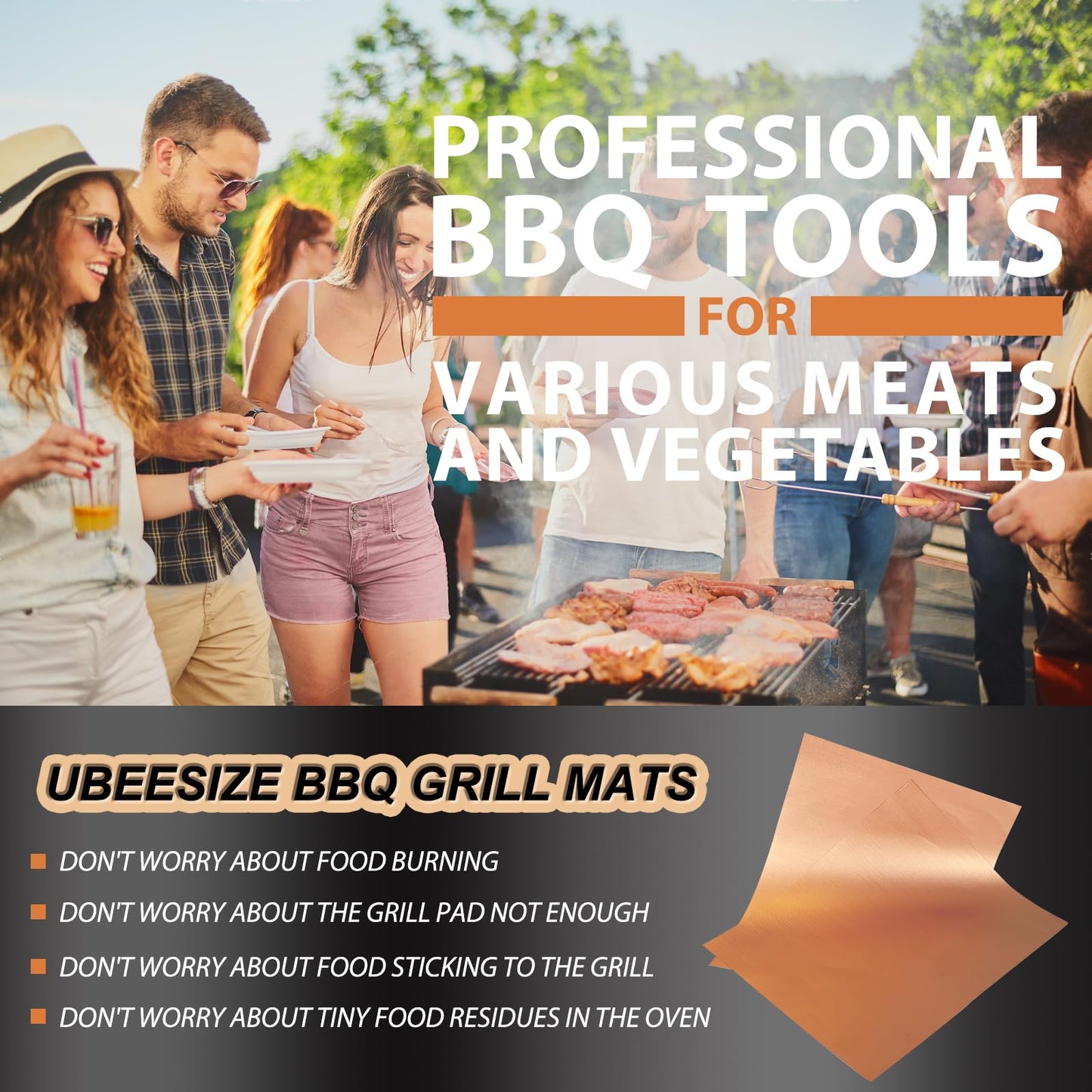 UBeesize Copper Grill Mats for Outdoor Grill, Set of 6 Heavy Duty Grill Mats, Non Stick BBQ Grill Mats & Baking Mats, Resuable and Easy to Clean, Works on Gas Charcoal and Electric BBQ-15.75 x 13 Inch