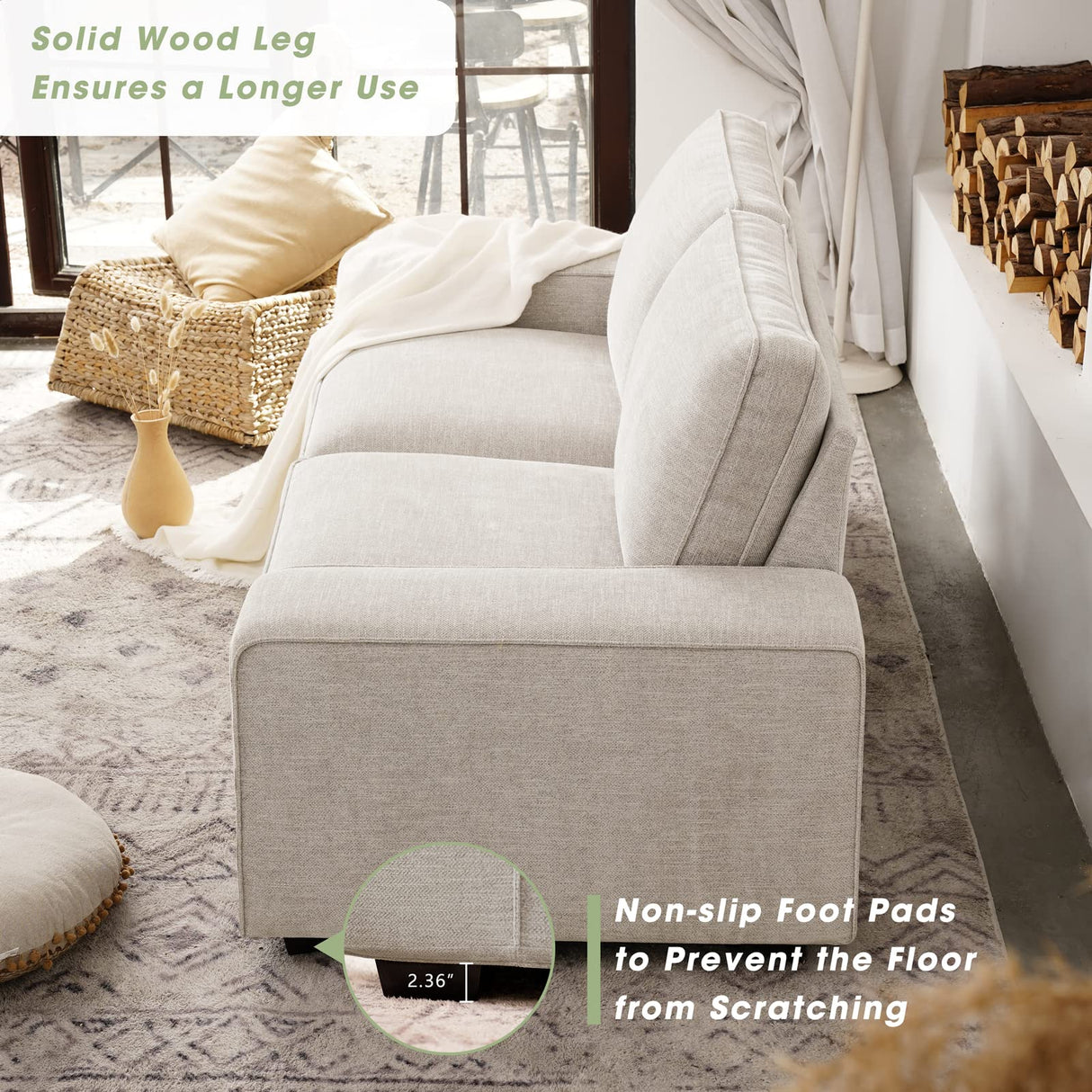 LEISLAND 88.58" Modern Sofas Couches for Living Room, Chenille Sofas & couches with Square Armrest, Removable Low-Back Sofa Cushion and Detachable Sofa Cover/Easy to Install(Beige) LEISLAND