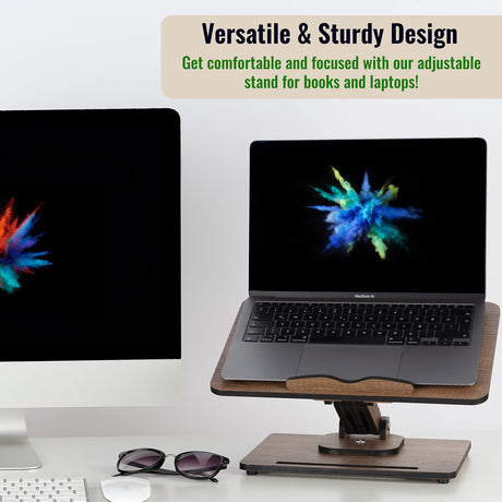 Vigo Wood Book Stand for Reading 360° Adjustable, Wooden Laptop Stand, Cookbooks Holder, Music Scores, Featuring Multi-Height Angles and Foldable Design with Page Clips. Vigo Wood
