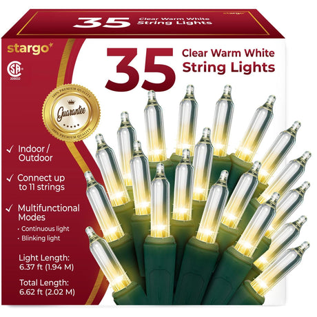 Clear Warm White Christmas Tree Lights - 6.3 ft String of 35 Incandescent Mini Bulbs Multifunctional Lighting Modes, for Decorative, Bedroom, Outdoor, Xmas Twinkle Lights with Green Wire Total 6.6 ft stargo
