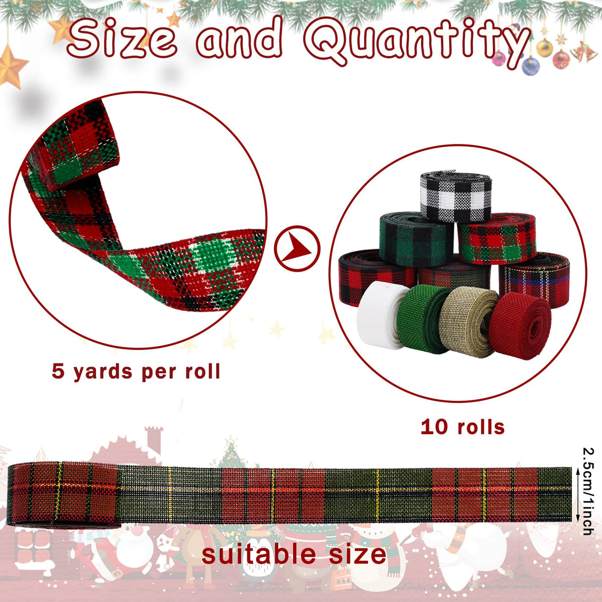 Whaline 10 Rolls 50 Yards Christmas Burlap Ribbon Rolls 1 Inch Wired Plaid Wrapping Ribbons Xmas Decorative Ribbon for Wreath Bow Gift Decor Whaline