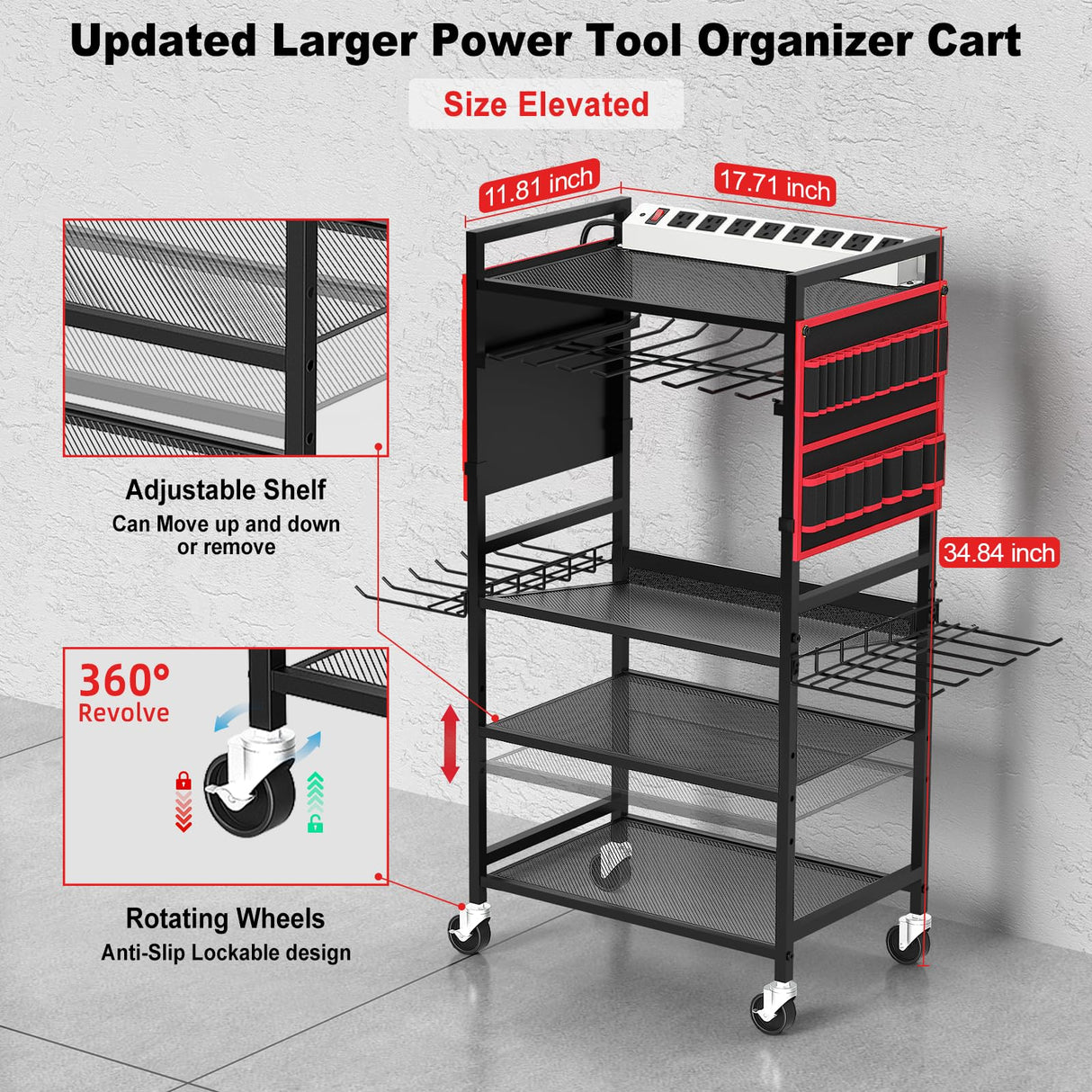 JUNNUJ Garage Large Power Tool Organizer Cart with 20A Power Strip, Heavy Duty Drill and Tools Battery Holder Storage Rack with Charing Station, Floor Standing Rolling Tool Cart Shelf on Wheels JUNNUJ