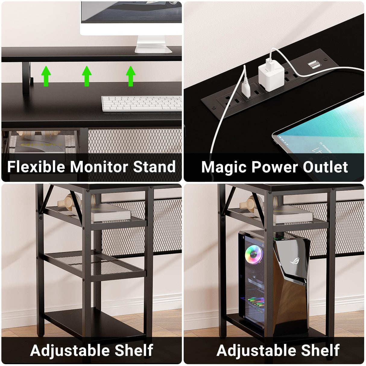 iSunirm 55 Inch Reversible L Shaped Computer Desk with Ergonomic Monitor Stand, Smart LED Lights & Power Outlet, Black iSunirm