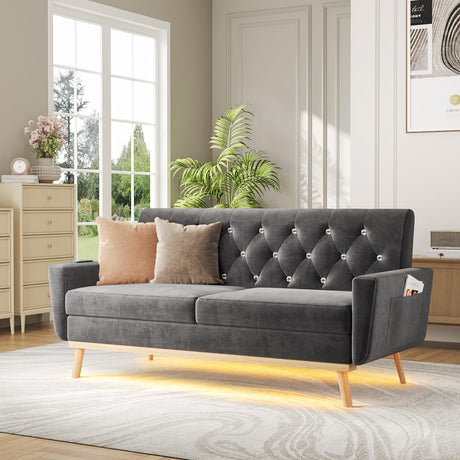 Fameill 65" Loveseat Sofa Couch, Mid Century Modern Love Seat Small Couch with Soft Cushion, LED Light, Crystal Button Tufted, Upholstered Comfy Small Couch for Living Room, Bedroom Fameill