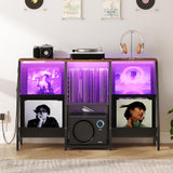 HOOBRO 4-Tier AV Media Stand with LED Light, Media Shelf Cabinet, Wooden Stereo Cabinet for Record Player, Entertainment Center, Game Console, Vinyl Record Storage, Rustic Brown BF114DCJ01 HOOBRO