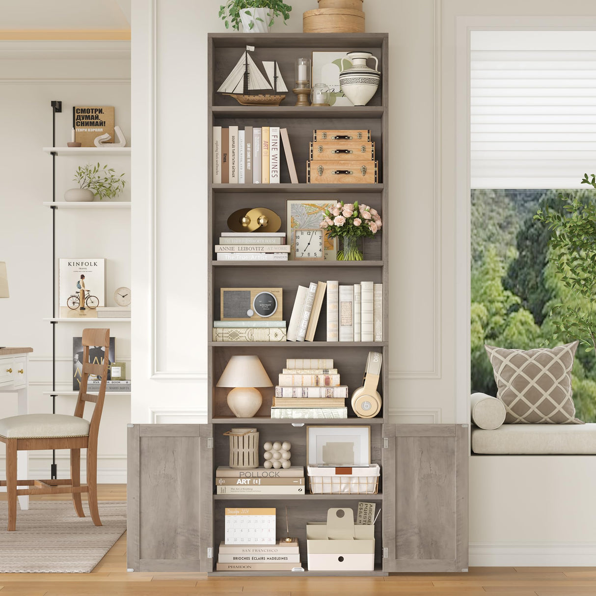 FACBOTALL 82" Tall Bookcase and Book Shelf, 24" Wide Bookshelf with Doors, 7 Tier Bookcase with Storage and Adjustable Shelf, Open and Display Farmhouse Bookshelf for Living Room, Home Office, Gray FACBOTALL