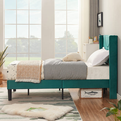 VECELO Twin Size Upholstered Platform Bed Frame with Fabric Headboard,Wooden Slats Support/No Box Spring Needed/Mattress Foundation,Dark Green