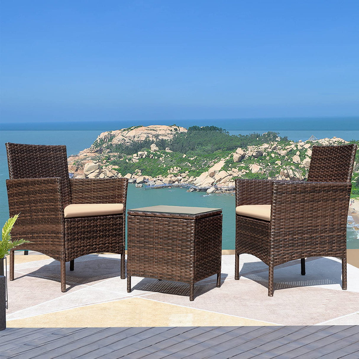Greesum 3 Pieces Patio Furniture Sets Outdoor PE Rattan Wicker Chairs with Soft Cushion and Glass Coffee Table for Garden Backyard Porch Poolside, Brown and Beige Greesum