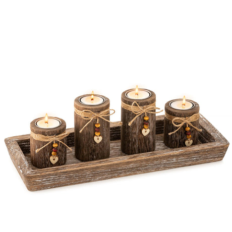 Farmhouse Coffee Table Decor Candle Holder - Romadedi Boho Wooden Tray with 4 Tealight Candles Holders for Tables Centerpiece Home Decorations Living Room Fireplace Kitchen Romadedi