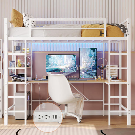 DICTAC Twin Loft Bed with U-Shaped Desk, LED Lights, Charging Station, and Storage Shelves – White Metal Frame DICTAC
