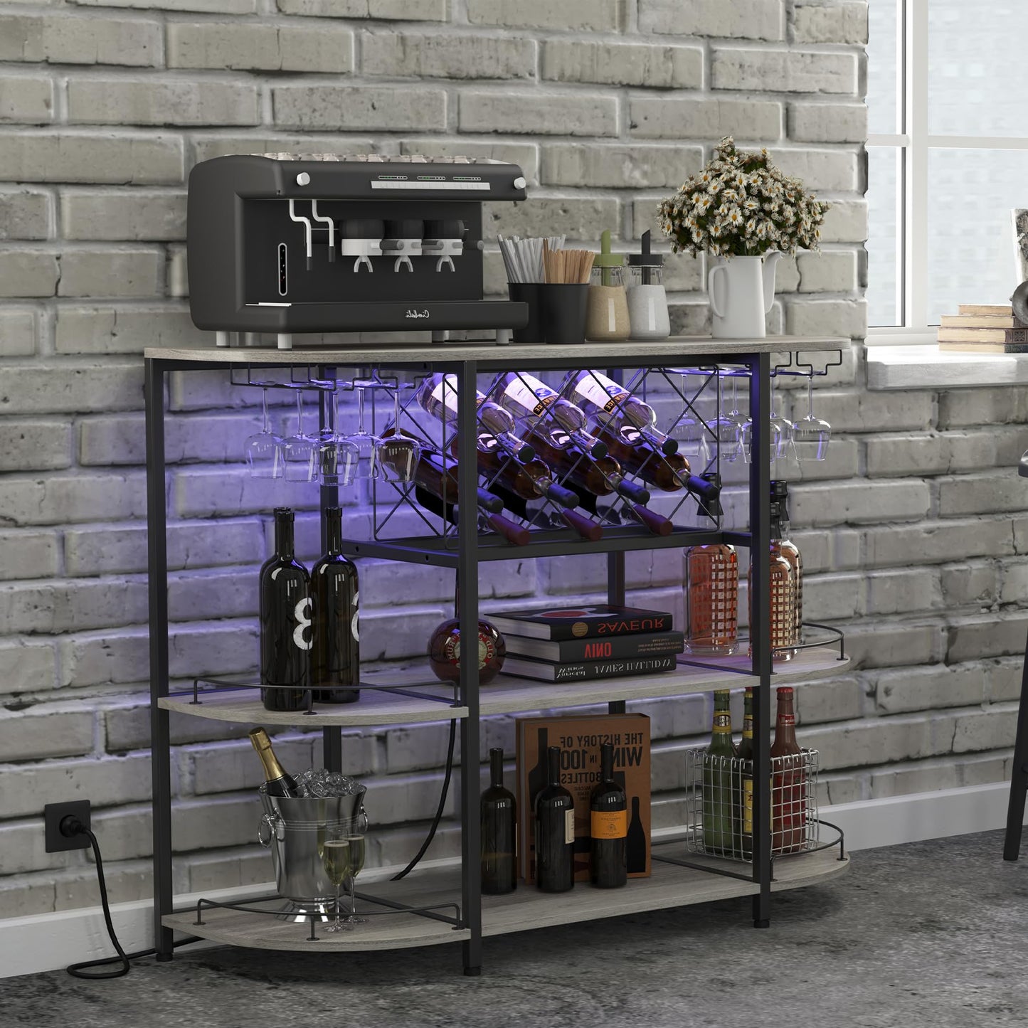 ZOPEND Wine Cabinet Coffee Table with Power Socket and LED Light, Three Tiers Coffee Bar Table Wine Rack Liqour Bar with Large Storage for Home Kitchen (Grey)