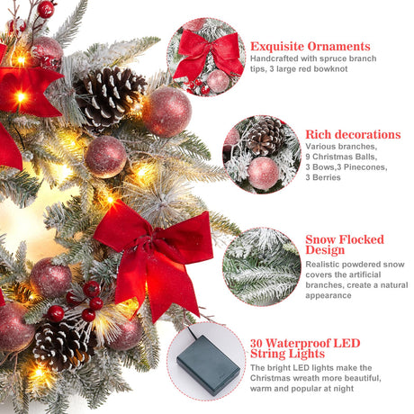 24" Pre-Lit Christmas Wreath for Front Door, Artificial Christmas Wreath with Bow Ribbon, Pinecones, Berries and Ball Ornaments, Battery Operated 30 Led Lights Xmas Wreath for Home Decor GarveeHome
