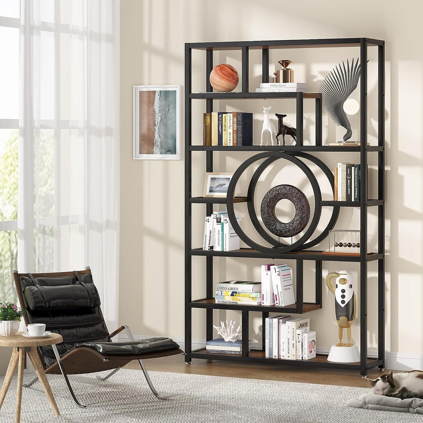 Tribesigns 72-Inch Geometric Industrial Bookshelf with 11 Open Shelving Units - WoodArtSupply