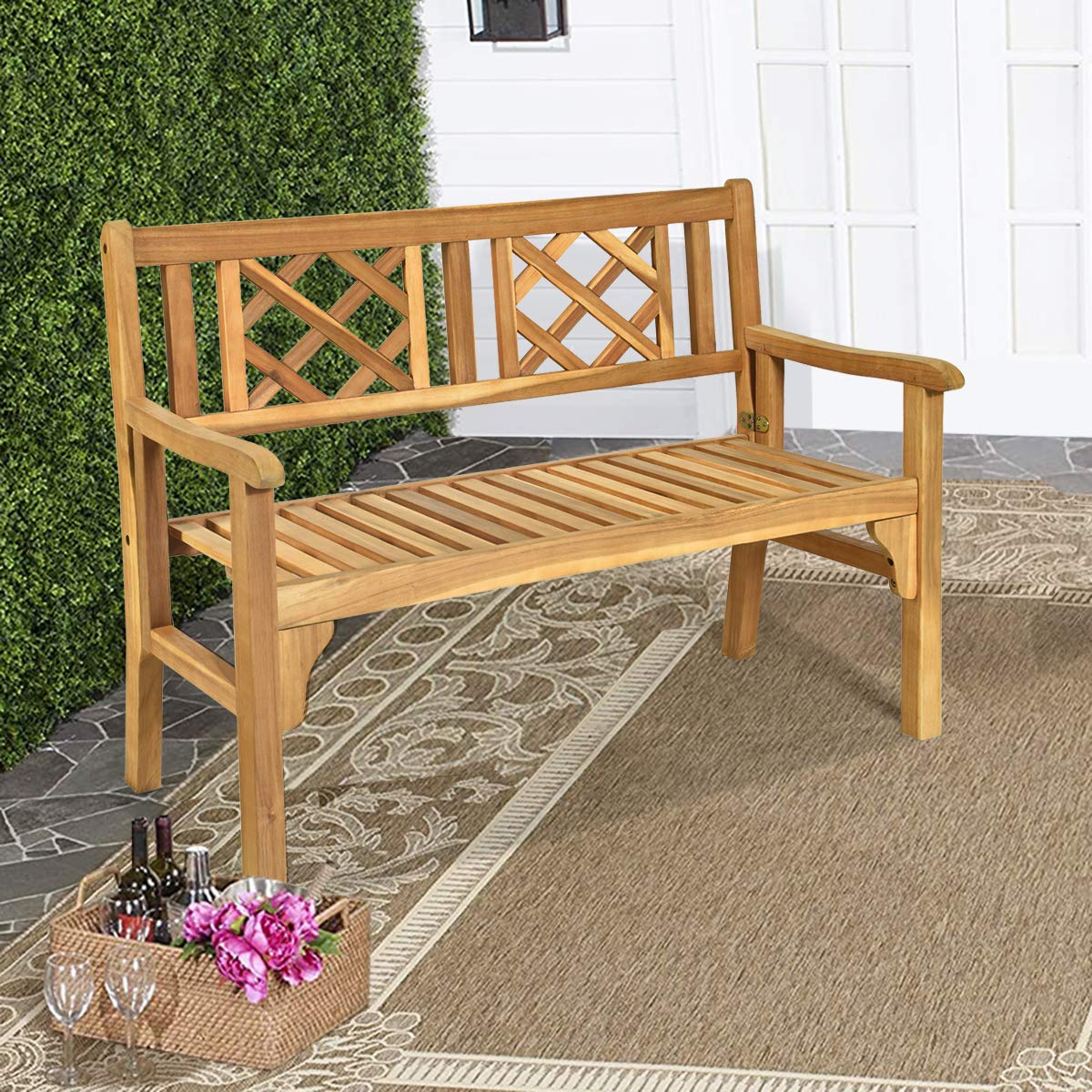 Giantex Outdoor Bench, Patio Wooden Bench, 4 Ft Foldable Acacia Wood Garden Bench, Outside Loveseat with Curved Backrest and Armrest, 705Lbs Weight Giantex