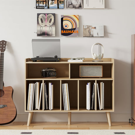 ChooChoo Record Player Stand, Turntable Stand with Vinyl Storage, Record Player Cabinet Up to 350 Albums, Cube Storage Organizer for Living Room, Natural ChooChoo