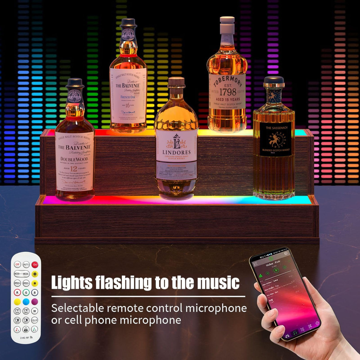 Cubehom LED Lighted Bar Liquor Shelves, 20 Inch Bar Bottle Display Shelf with App & Remote Control, 2 Tier for Home Bar, Party, Walnut Cubehom