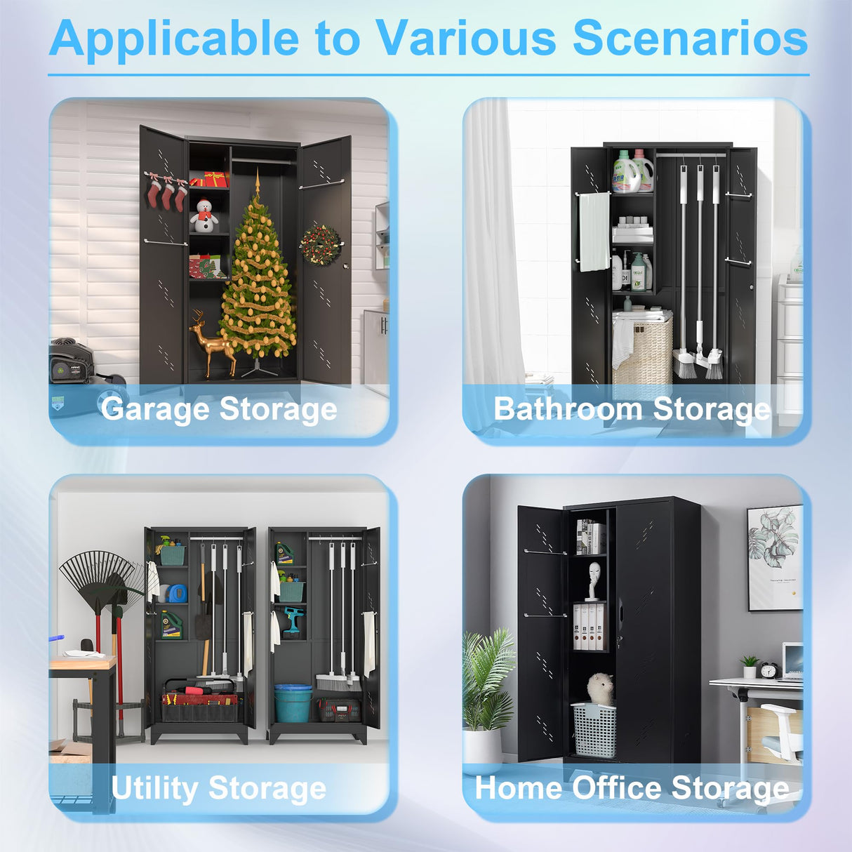 OSEILLC Metal Storage Cabinet with Locking Doors, 75" Tall Garage Storage Cabinet with Hanging Rod, Broom Closet/Freestanding Bathroom Storage Cabinet, Cleaning Tool Storage OSEILLC