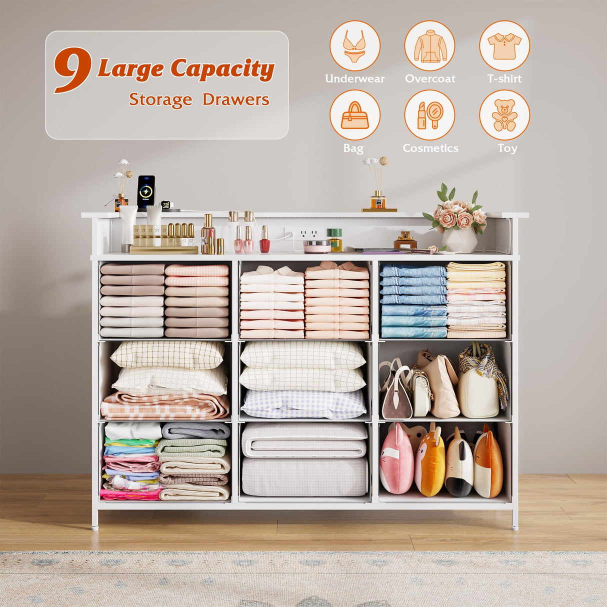 Nicehill Dresser for Bedroom with 9 Drawer,White Dresser with LED Light,TV Stand for Bedroom with Charging Station,Chests of Drawers for Bedroom Hallway,Closet (White) Nicehill