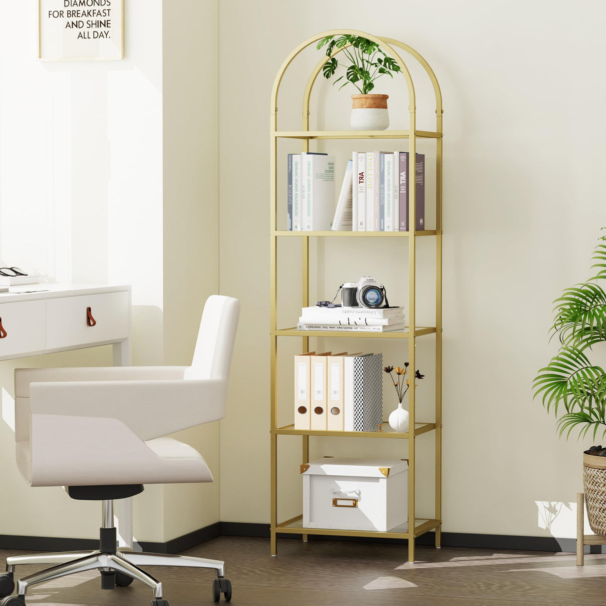 Homhedy Bookshelf Arched Display Racks,Metal Bookcase,Tempered Glass Shelves,Storage Rack Shelf for Home Office,Living Room,Bedroom, Bathroom,Modern Style (Golden, 11.8" D x 13.8" W x 57.1" H) Homhedy