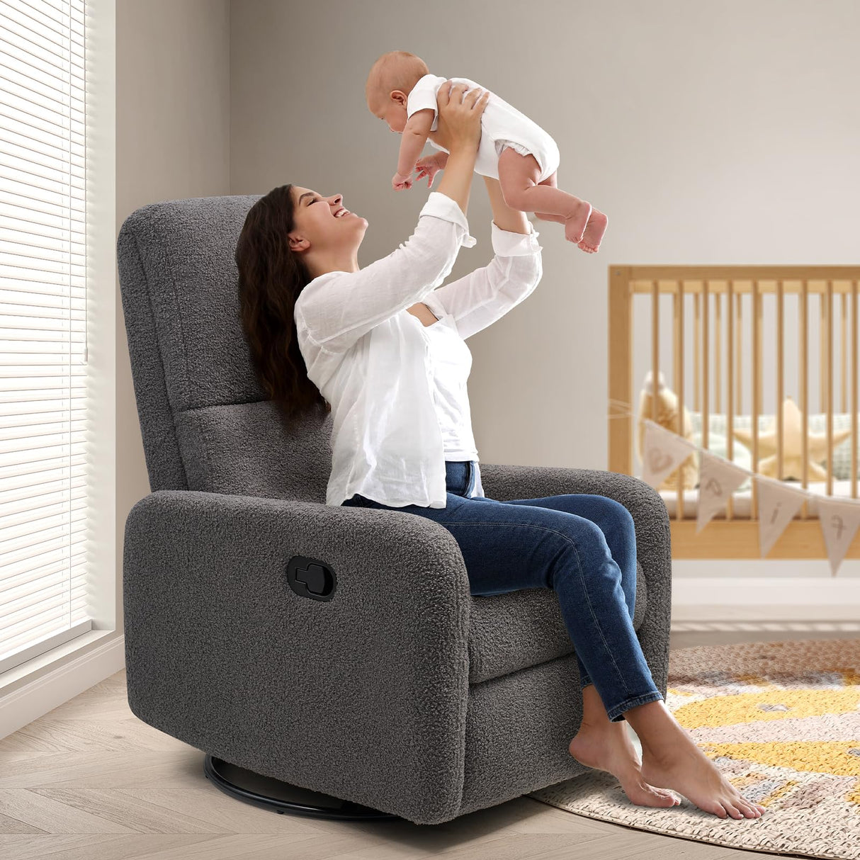 Jocisland Swivel Rocking Chair, Nursery Glider Recliner Chairs for Adults, Rocker for Living Room Bedroom, Comfy Upholstered Modern Nursing Reclining Single Sofa, Grey Teddy Jocisland