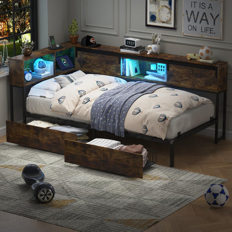 St.Mandyu Twin Size Corner Bed Frame with Storage, Farmhouse LED Metal Platform Bed Frame with Charging Station and Drawers, Twin Daybed for Living Room, Bedroom& Guest Room, Brown St.Mandyu
