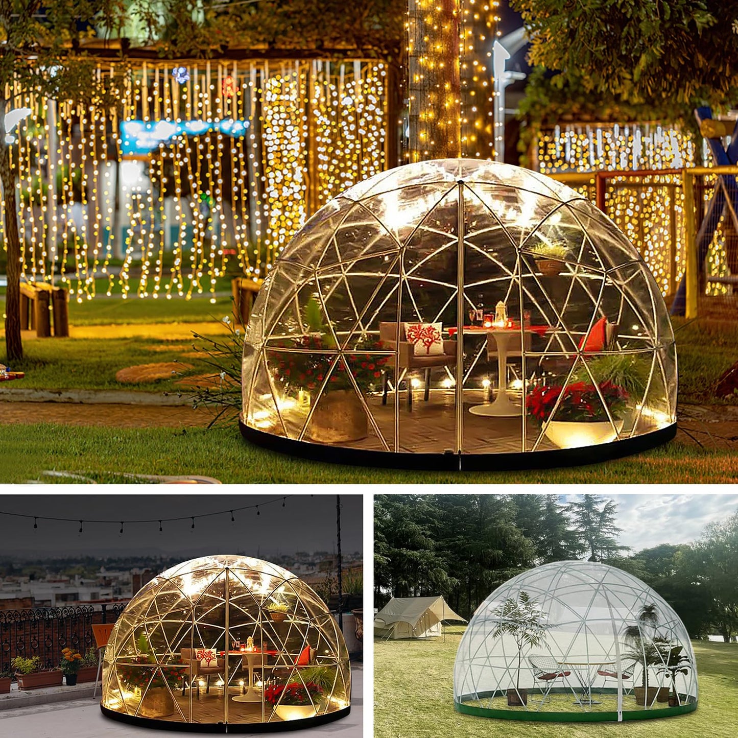 15 x 9.5 FT Garden Dome lgloo, Geodesic Dome Greenhouse with TPU Transparent Cover, Waterproof Garden Bubble Dome Tent House with 2 x 10M Light Strings for Outdoor, Patio, Dining Backyard, Pa - WoodArtSupply