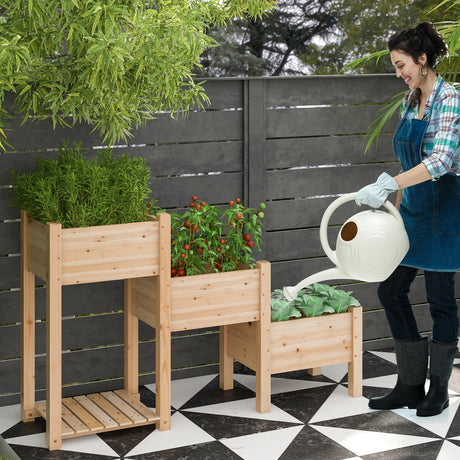 HAPPYGRILL 3-Tire Raised Garden Bed, Wooden Raised Planter Box with 3 Planter Boxes, Drainage Holes, Open Storage Shelf, Outdoor Garden Bed with Legs for Plant, Fruit, Vegetable, Flower, Herb HAPPYGRILL