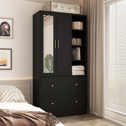 Homsee Wardrobe Armoire Wooden Closet with Mirror, 2 Doors, 2 Drawers, 4 Open Storage Cubes and Hanging Rod for Bedroom, Black (35.5”L x 15.8”W x 70.8”H) - WoodArtSupply