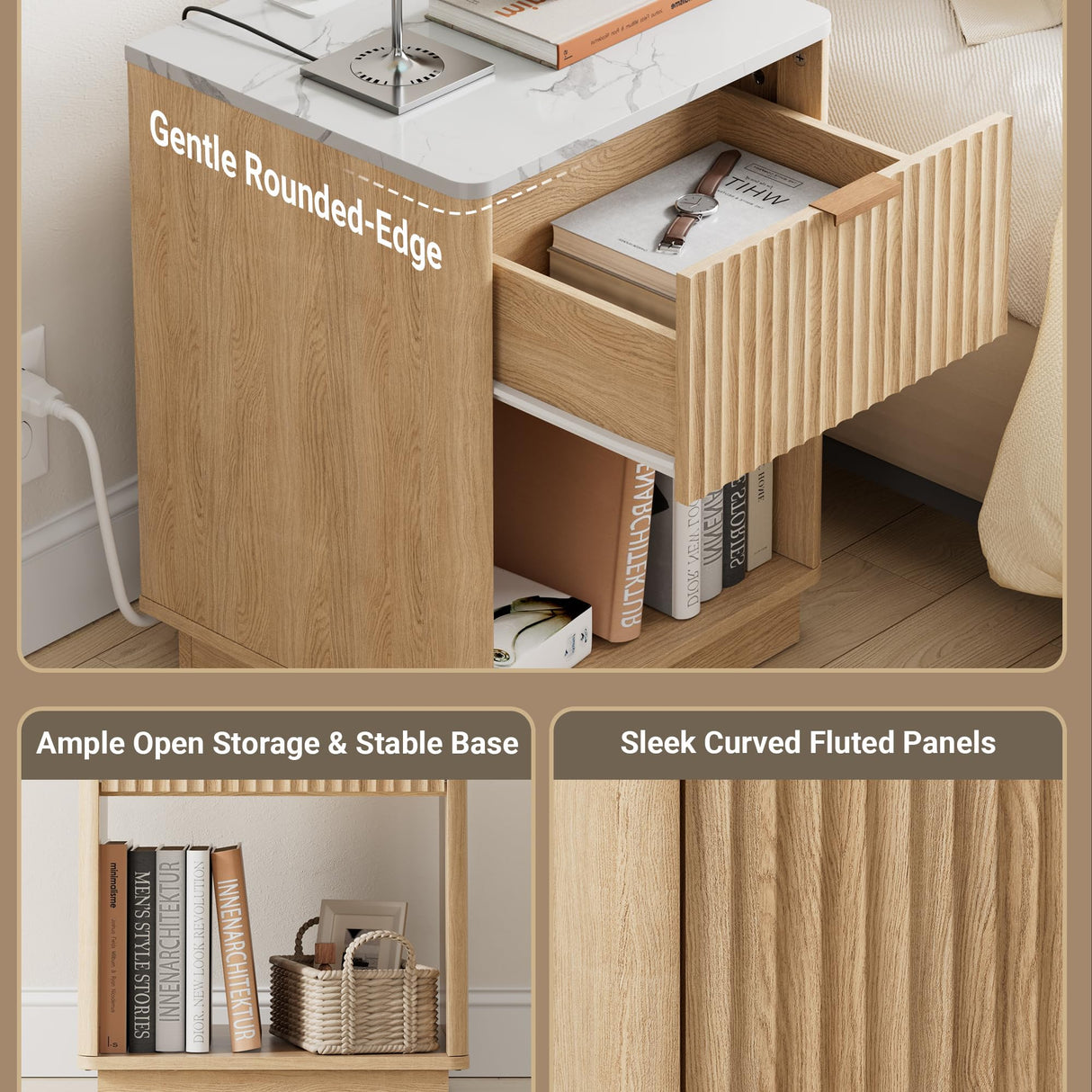 FavourLife Fluted Nightstand with Charging Station, 18" Side Table with Faux Stone Color Top, Mid Century Modern Night Stand Bedside Table with Drawer & Open Shelf for Bedroom Living Room, White Oak FavourLife