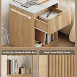 FavourLife Fluted Nightstand with Charging Station, 18" Side Table with Faux Stone Color Top, Mid Century Modern Night Stand Bedside Table with Drawer & Open Shelf for Bedroom Living Room, White Oak FavourLife