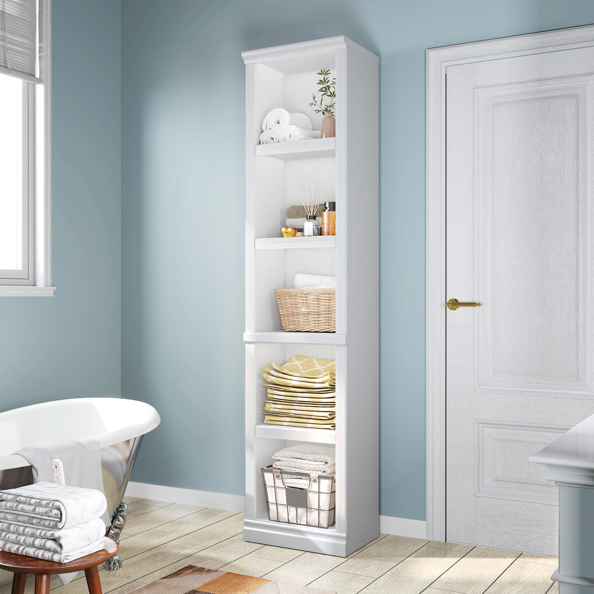 Bevfint 70" Tall Bookcase, White Narrow Floor Standing Bookshelf, 5 Tier Shelves Open Storage Organizer, Book Case for Living Room Hallway Kitchen Home Office Bathroom, White - 5 Tier Bevfint