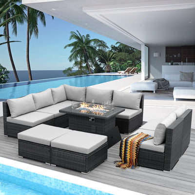 NICESOUL 10 Piece Modern Outdoor Patio Furniture Set with Firepit Natural Gas Propane Convertible, 29.3'' High Back Extra Large Size Wicker Conversation, Deep Wide Comfortable Couch for Outside, Grey