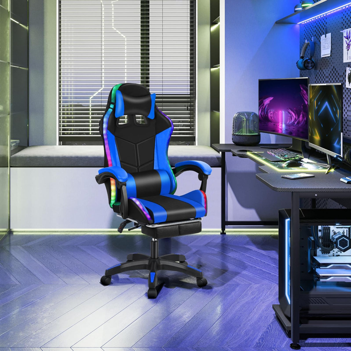 pofluany Gaming Desk Chair, Gaming Chair with Bluetooth-Compatible Speakers and RGB LED Lights, Ergonomic Massage Computer Chair with Height Adjustable, Video Game Chair High Back with Lumbar Support pofluany