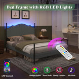 AMERLIFE Upholstered Full Size Bed Frame with 51.2" Tall Headboard, Metal Four Poster LED Beds for Bedroom, Easy Assembly, Wooden Slats, Dark Grey AMERLIFE